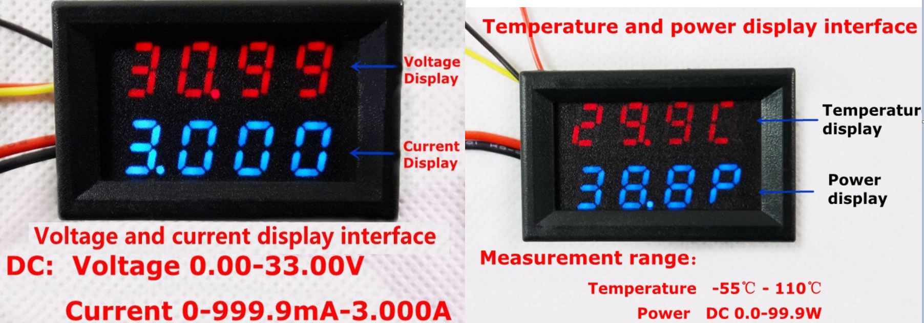 มิเตอร์ 4in1 วัดvolt+วัดแอมป์+อุณหภูมิหม้อน้ำ+แสดงwattที่ใช้งาน แสงสีแดงฟ้า